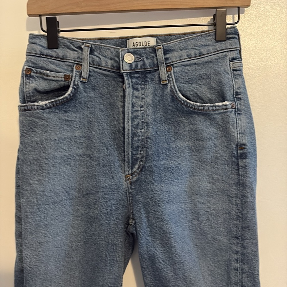Agolde Riley Distressed High Rise Button Fly Cropped Jeans 25 - Picture 2 of 11